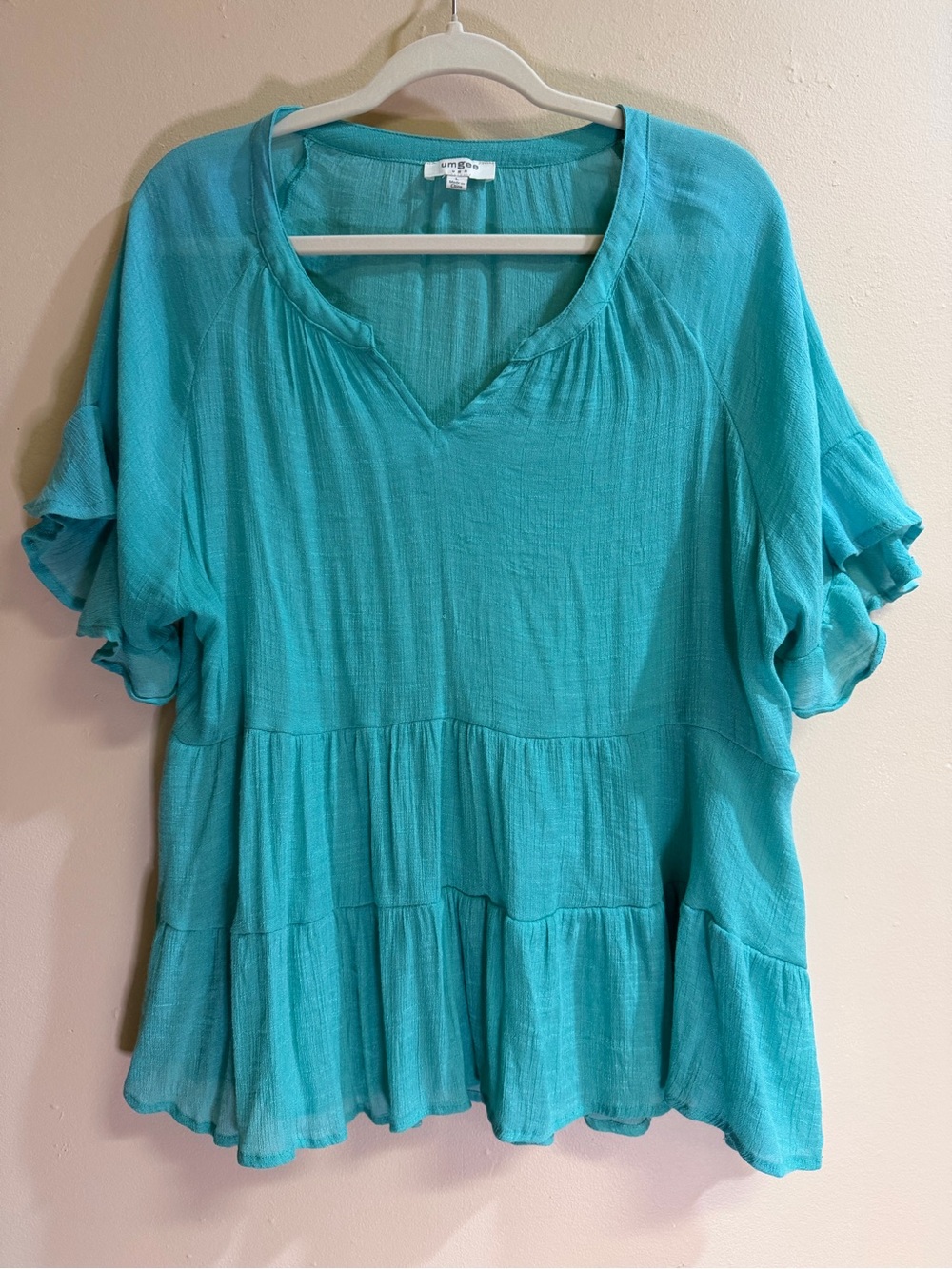Umgee USA Teal Turquoise Tiered Ruffle Top Size L – 70% Rayon Boho Blouse